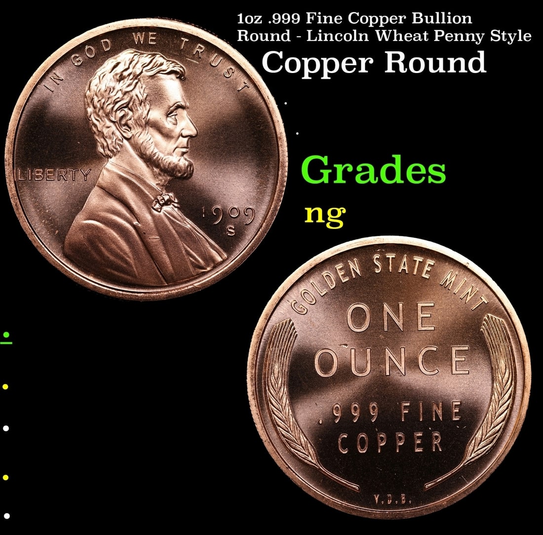 1oz .999 Fine Copper Bullion Round - Lincoln Wheat Penny Style: 1oz .999 Fine Copper Bullion Round - Lincoln Wheat Penny Style.