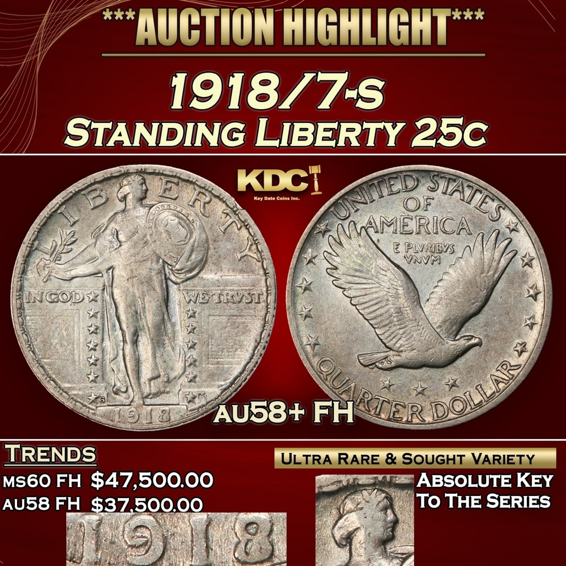 1918/7-s Standing Liberty Quarter 25c au58+ FH SEGS (1 of 5)