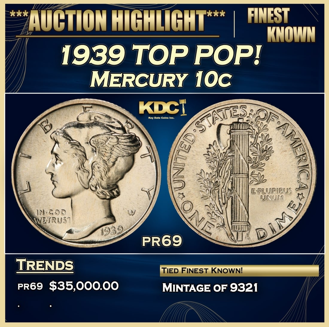 1939 Proof Mercury Dime TOP POP! 10c pr69 SEGS (1 of 3)