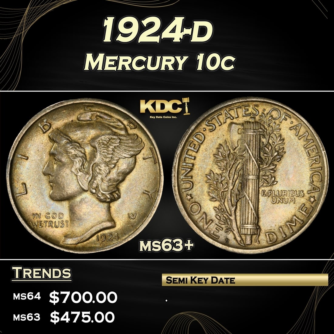 1924-d Mercury Dime 10c Grades ms63+ (1 of 3)