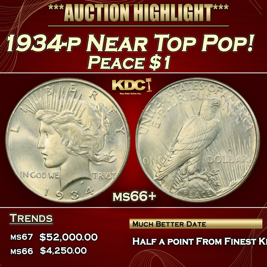 1934-p Peace Dollar Near Top Pop! $1 ms66+ SEGS (1 of 3)