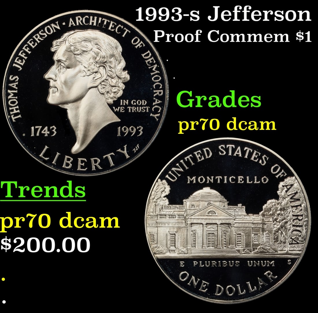 1993-s Jefferson Proof Modern Commem Dollar $1 pr70 dcam SEGS: 1993-s Jefferson Modern Commem Dollar $1 pr70 dcam SEGS.