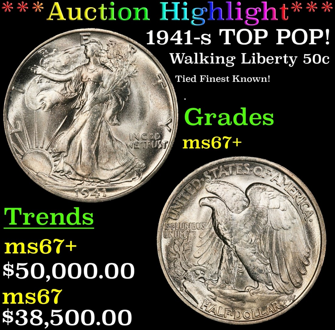 *Highlight* 1941-s Walking Liberty Half Dollar TOP POP! 50c ms67+ SEGS (fc) (1 of 3)