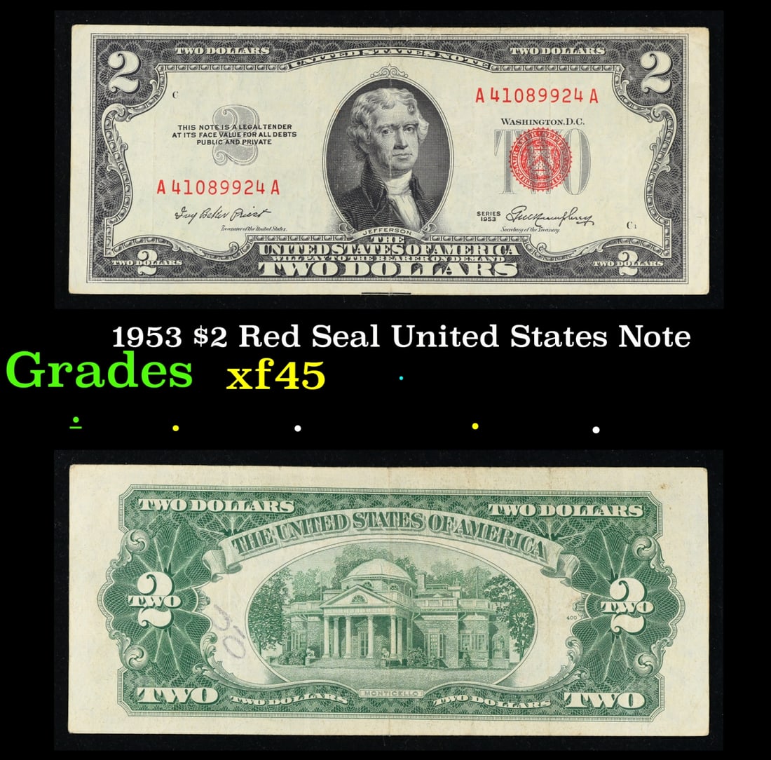 1953 $2 Red Seal United States Note Grades xf+: 1953 $2 Red Seal United States Note Grades xf+. 1953 red print two dollar bills can be broke up into four different types by signature combination; 1953 – Ivy Baker Priest (Treasurer of The United S
