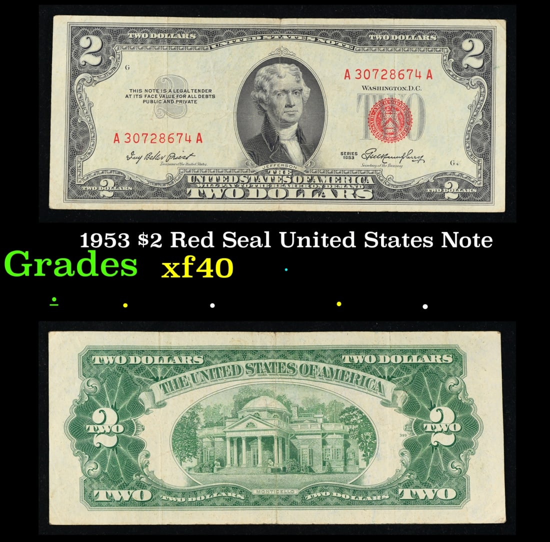 1953 $2 Red Seal United States Note Grades xf: 1953 $2 Red Seal United States Note Grades xf. 1953 red print two dollar bills can be broke up into four different types by signature combination; 1953 – Ivy Baker Priest (Treasurer of The United St
