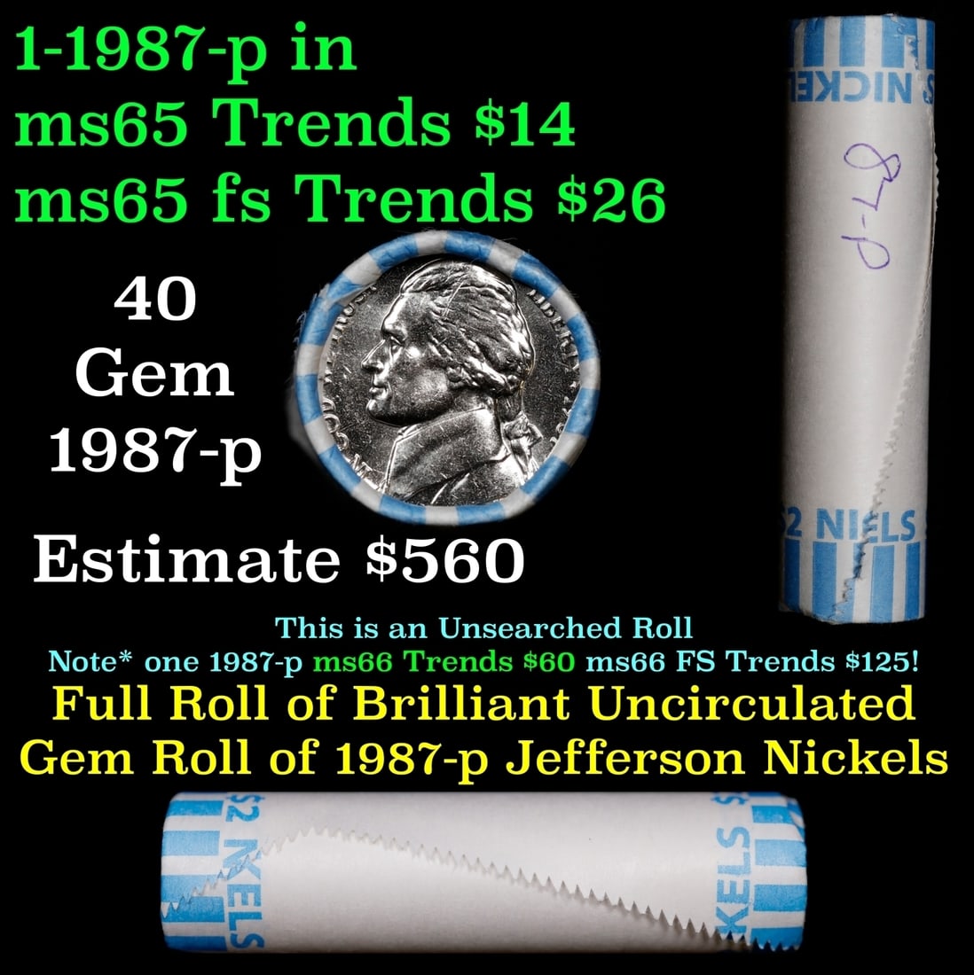 BU Shotgun Jefferson 5c roll, 1987-p 40 pcs Bank $2 Nickel Wrapper: BU Shotgun Jefferson 5c roll, 1987-p 40 pcs Bank $2 Nickel Wrapper.