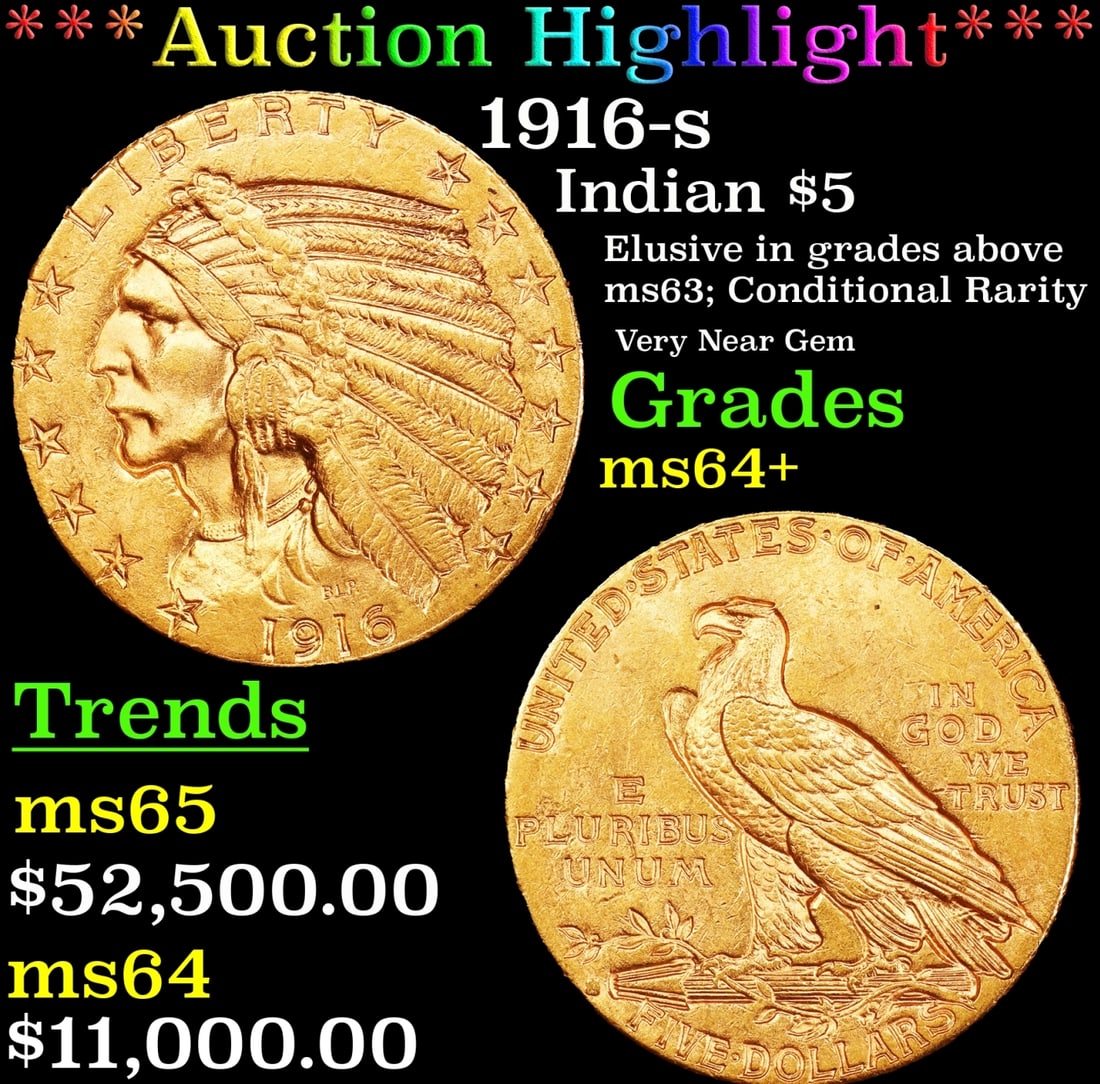 *Highlight* 1916-s Gold Indian Half Eagle $5 Choice+ Unc USCG (fc) (1 of 3)