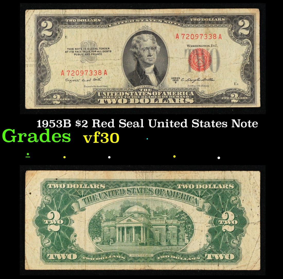 1953B $2 Red Seal United States Note Grades vf++: 1953B $2 Red Seal United States Note Grades vf++. 1953 red print two dollar bills can be broke up into four different types by signature combination; 1953 – Ivy Baker Priest (Treasurer of The United