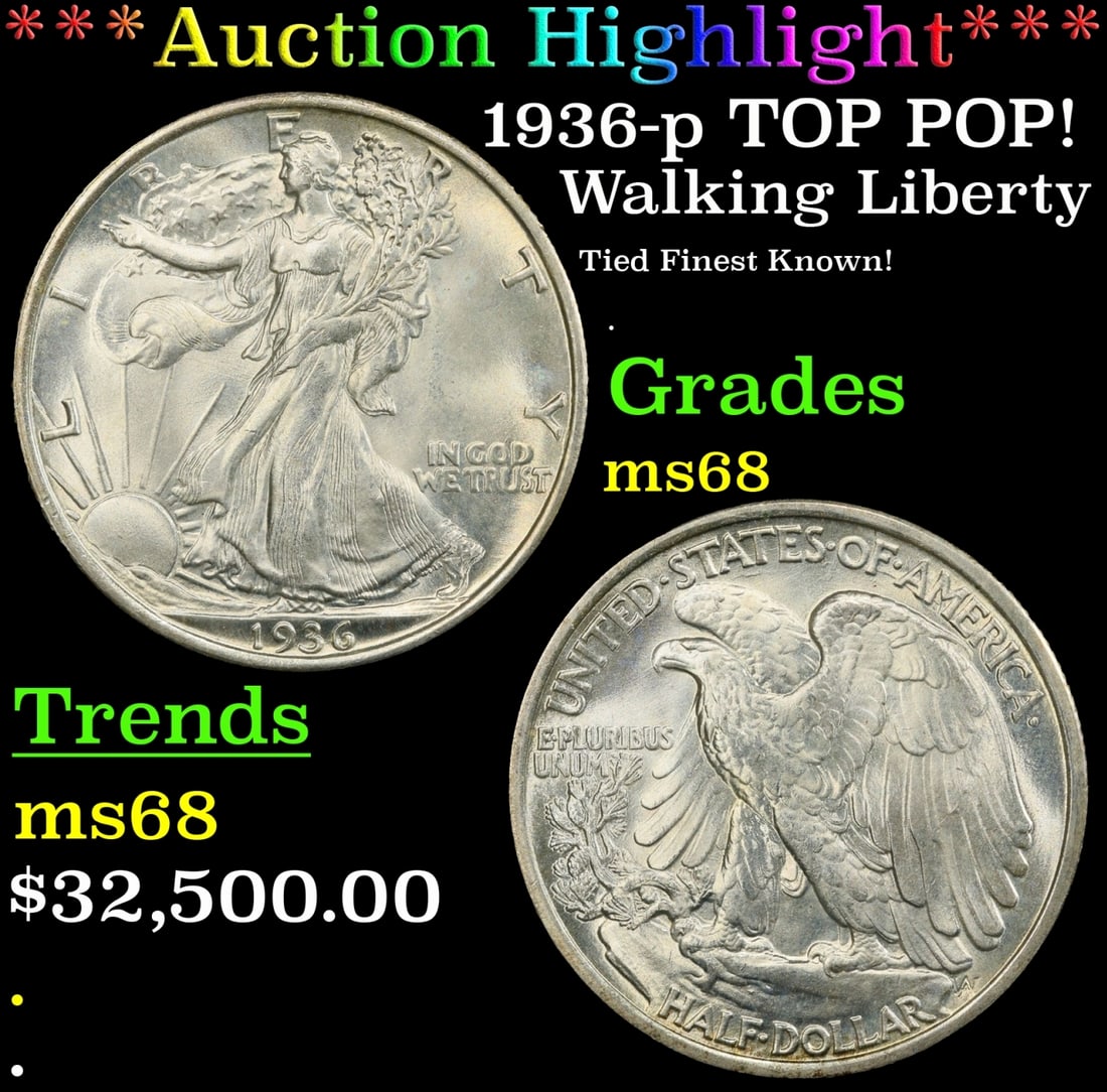 *Highlight* 1936-p Walking Liberty Half Dollar TOP POP! 50c ms68 SEGS (fc) (1 of 4)