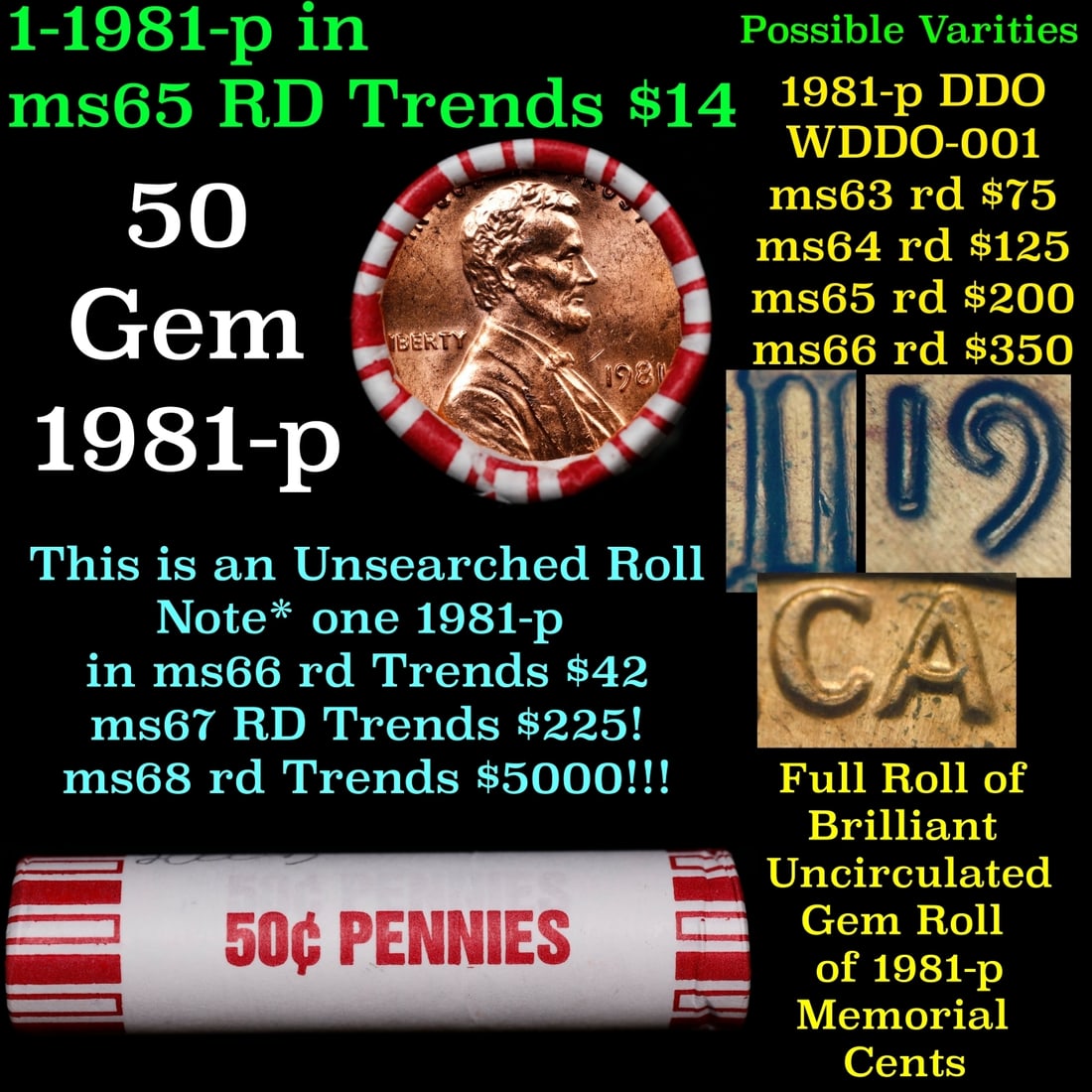 BU Shotgun Lincoln 1c roll, 1981-p 50 pcs Bank Wrapper 50c: BU Shotgun Lincoln 1c roll, 1981-p 50 pcs Bank Wrapper 50c. A terrific Shotgun roll of Lincoln cents in a Bank wrapper. Most if not all coins should be cherry red.
