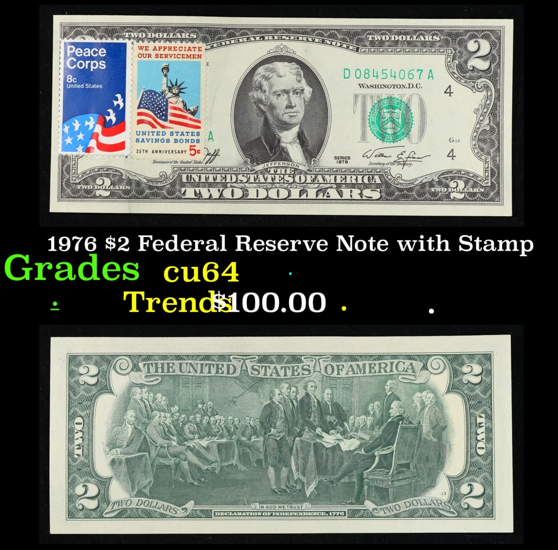 1976 $2 Federal Reserve Note with Stamp $2 Green Seal Federal Reserve Note Grades Select CU (1 of 3)