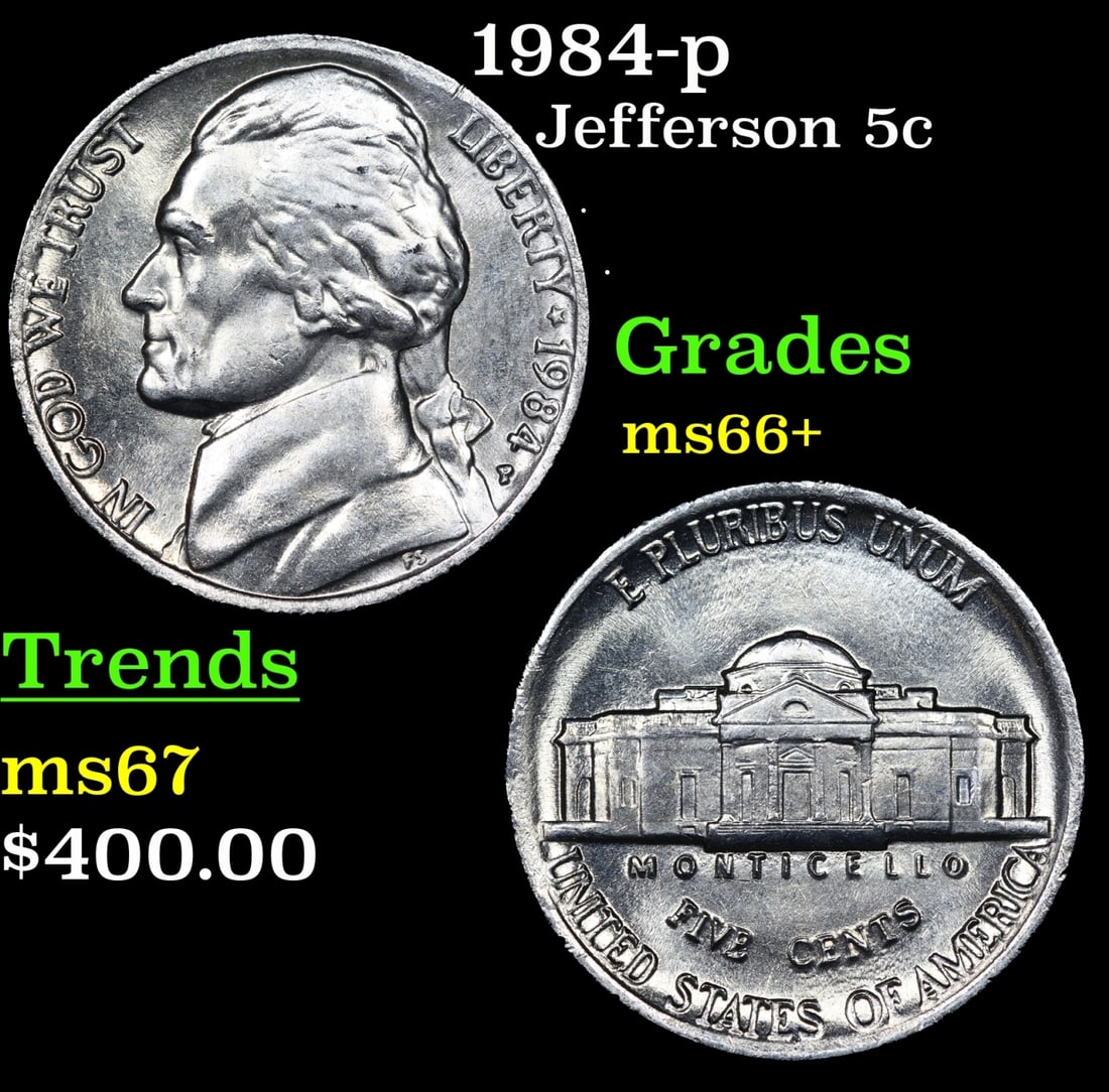 1984-p Jefferson Nickel 5c Grades GEM++ Unc: 1984-p Jefferson Nickel 5c Grades GEM++ Unc.