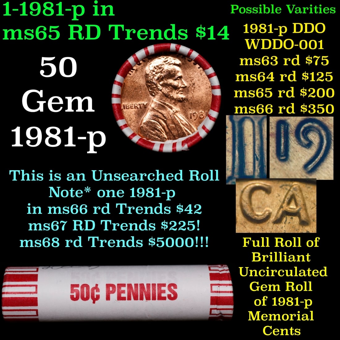 BU Shotgun Lincoln 1c roll, 1981-p 50 pcs Bank Wrapper 50c: BU Shotgun Lincoln 1c roll, 1981-p 50 pcs Bank Wrapper 50c. A terrific Shotgun roll of Lincoln cents in a Bank wrapper. Most if not all coins should be cherry red.