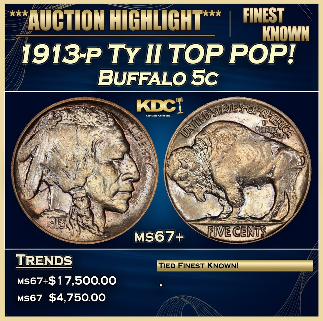 1913-p Ty II Buffalo Nickel TOP POP! 5c ms67+ SEGS (1 of 3)