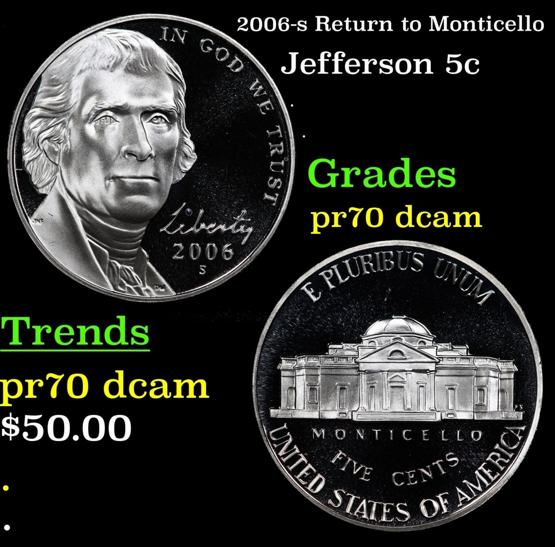2006-s Proof Jefferson Nickel Return to Monticello 5c pr70 dcam SEGS: 2006-s Return to Monticello Jefferson Nickel 5c pr70 dcam SEGS.
