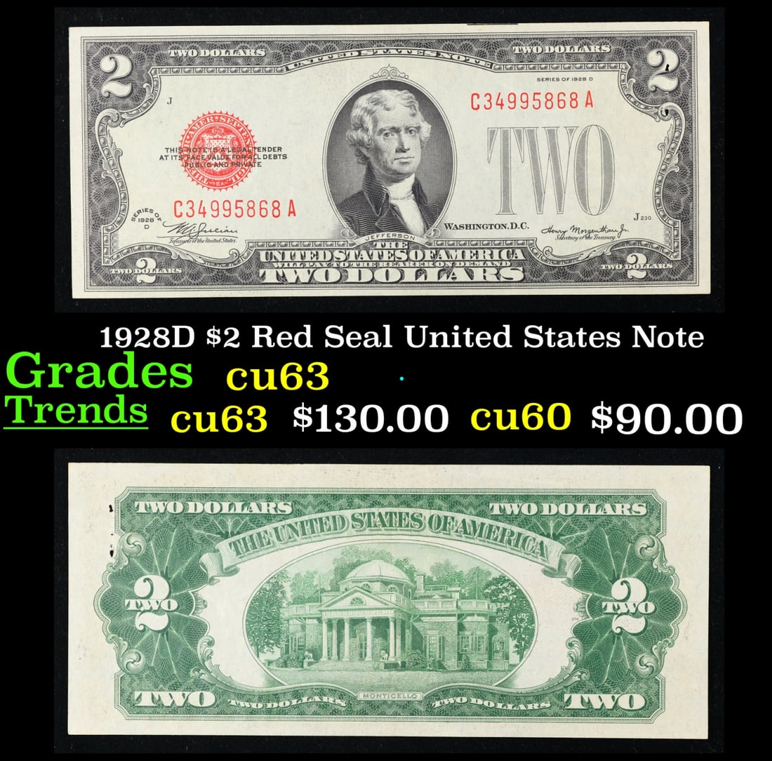 1928D $2 Red Seal United States Note Grades Select CU (1 of 3)