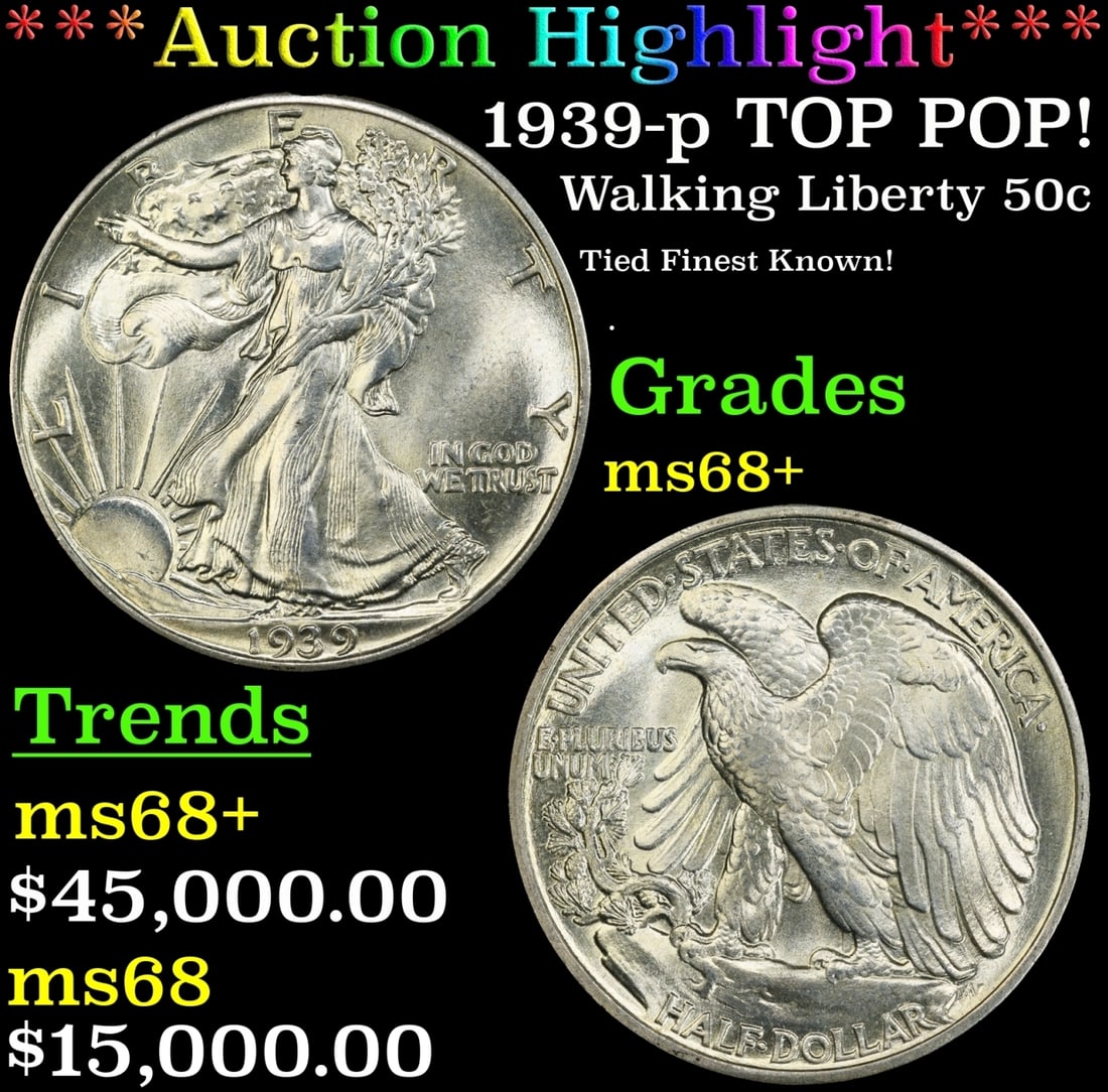 *Highlight* 1939-p Walking Liberty Half Dollar TOP POP! 50c ms68+ SEGS (fc) (1 of 3)