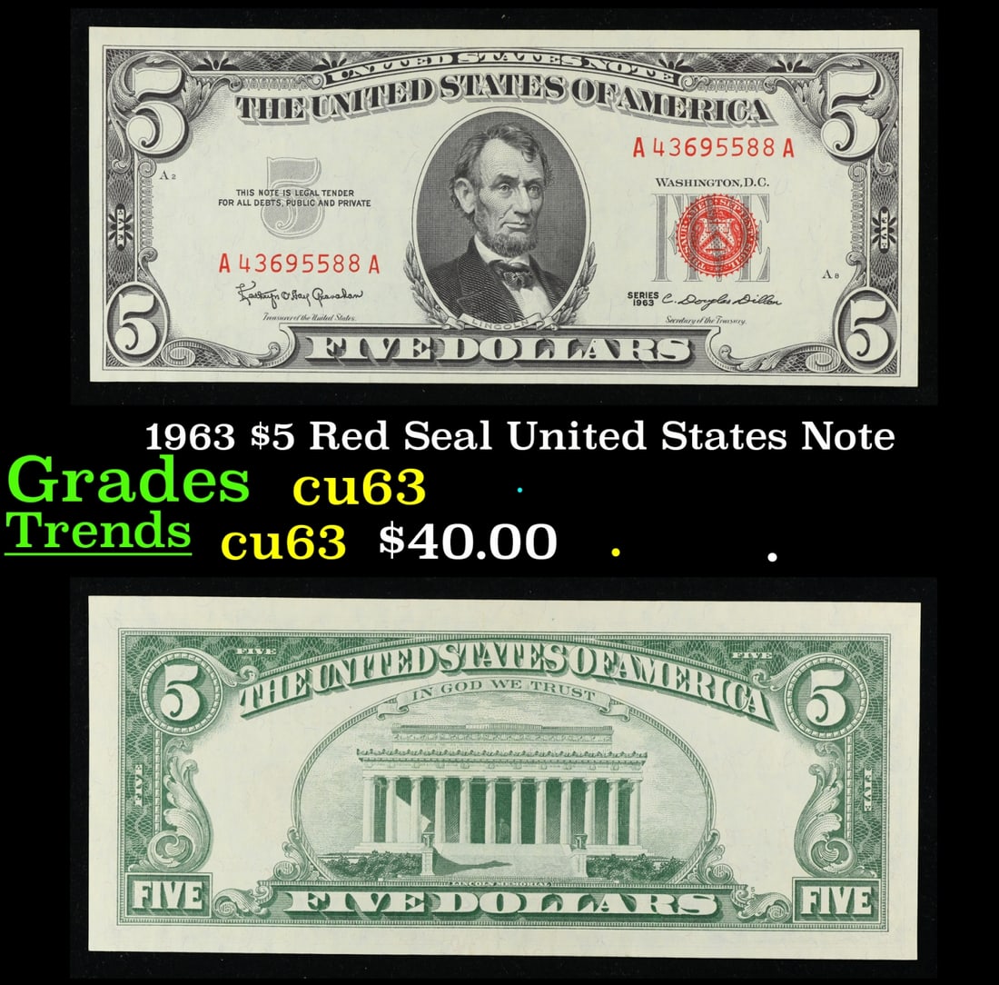 1963 $5 Red Seal United States Note Grades Select CU (1 of 3)