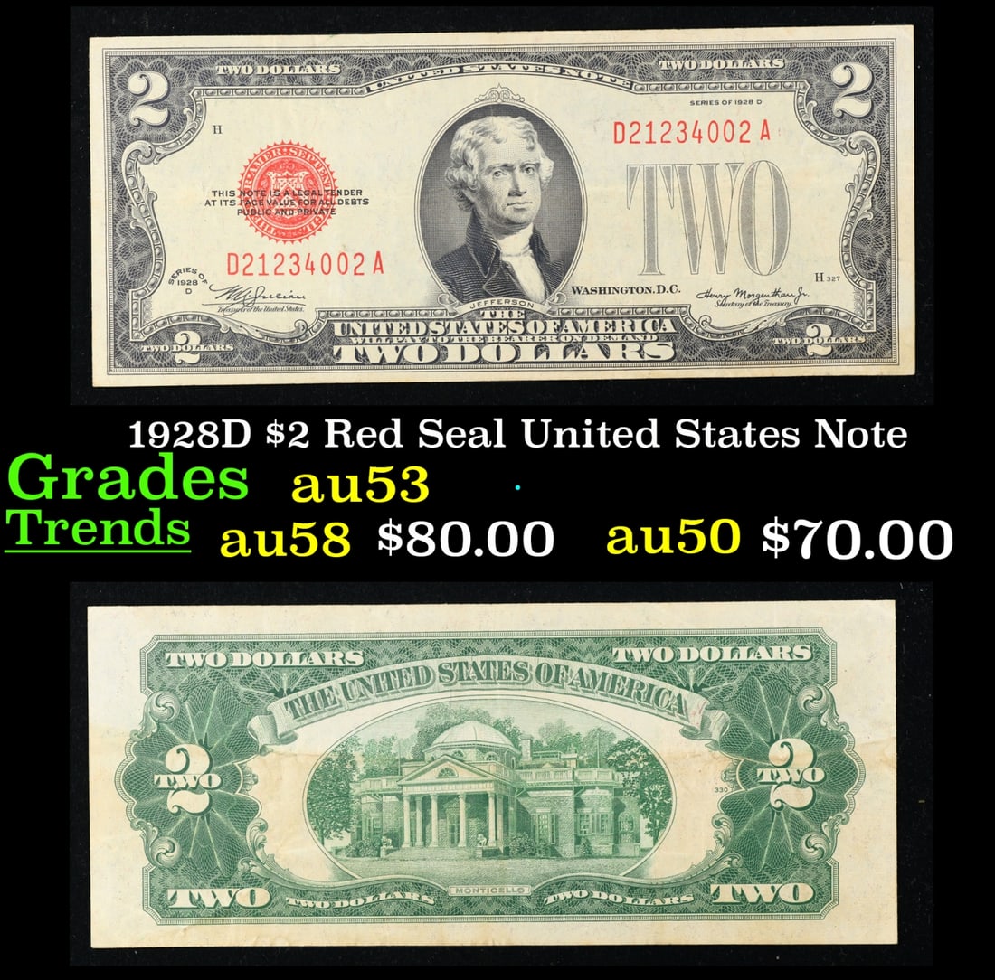 1928D $2 Red Seal United States Note Grades Select AU (1 of 3)