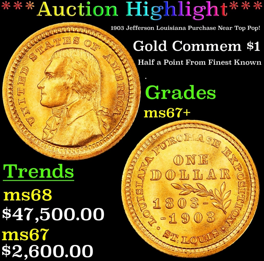 *Highlight* 1903 Jefferson Louisiana Purchase Gold Commem Dollar Near Top Pop! 1 ms67+ SEGS (fc): *Highlight* 1903 Jefferson Louisiana Purchase Near Top Pop! Gold Commem Dollar 1 ms67+ SEGS. In the early 1800's Thomas Jefferson sent U.S. representatives to make a deal with Napoleon Bonaparte for t