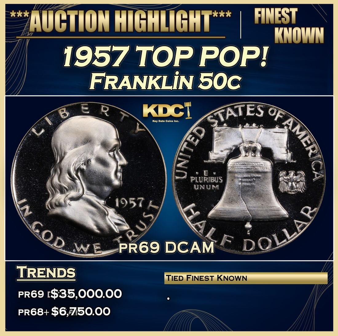 1957 Proof Franklin Half Dollar TOP POP! 50c pr69 DCAM SEGS: 1957 TOP POP! Franklin Half Dollar 50c pr69 DCAM SEGS.