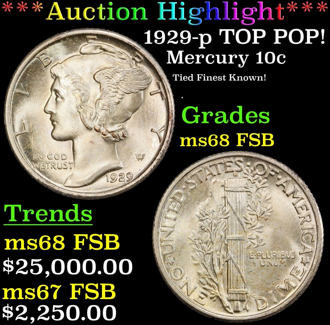 *Highlight* 1929-p Mercury Dime TOP POP! 10c ms68 FSB SEGS (fc) (1 of 4)