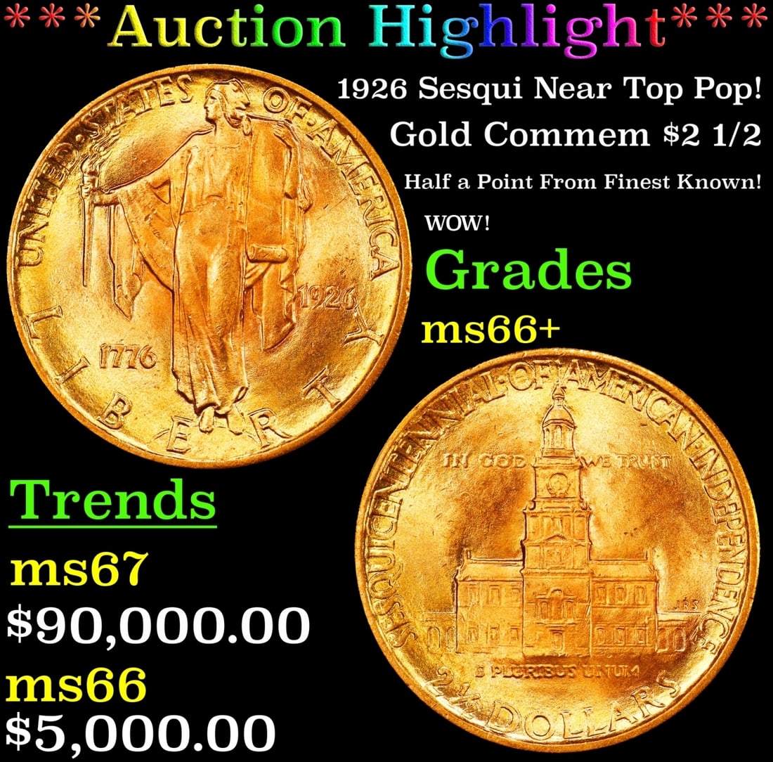 *Highlight* 1926 Sesqui Gold Commem Near Top Pop! $2 1/2 ms66+ SEGS (fc): *Highlight* 1926 Sesqui Near Top Pop! Gold Commem $2 1/2 ms66+ SEGS. In 1926, the U.S. celebrated the 150th anniversary of the signing of the Declaration of Independence by issuing two commemorative c