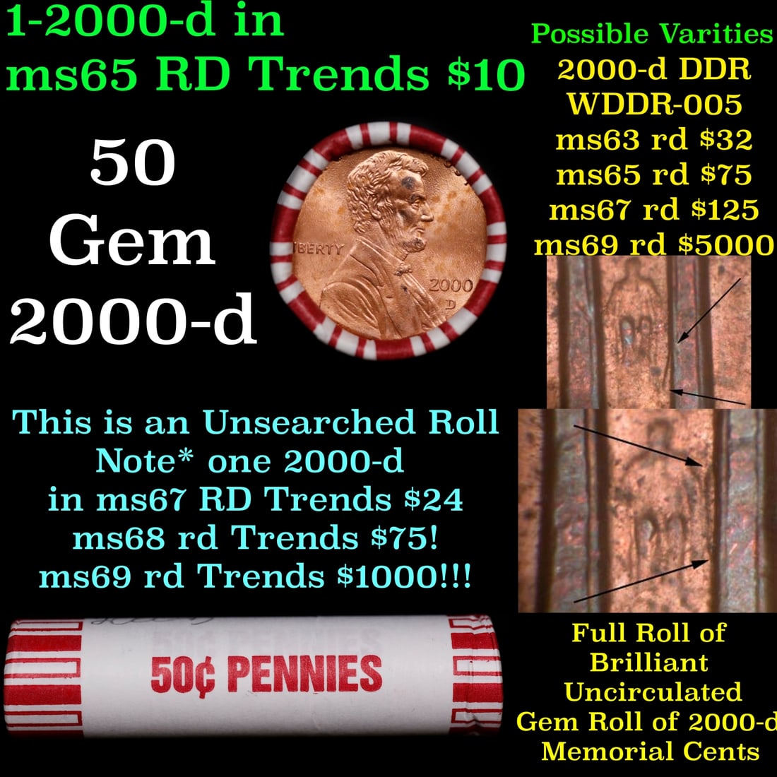 BU Shotgun Lincoln 1c roll, 2000-d 50 pcs Bank Wrapper 50c: BU Shotgun Lincoln 1c roll, 2000-d 50 pcs Bank Wrapper 50c. A terrific Shotgun roll of Lincoln cents in a Bank wrapper. Most if not all coins should be cherry red.