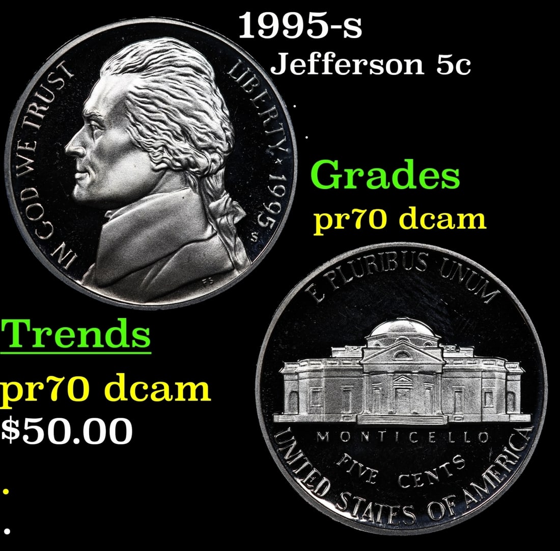 1995-s Proof Jefferson Nickel 5c pr70 dcam SEGS: 1995-s Jefferson Nickel 5c pr70 dcam SEGS.