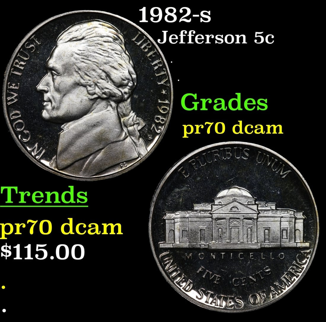 1982-s Proof Jefferson Nickel 5c pr70 dcam SEGS: 1982-s Jefferson Nickel 5c pr70 dcam SEGS.