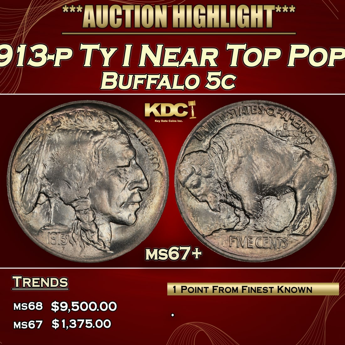 1913-p Ty I Buffalo Nickel Near Top Pop! 5c ms67+ SEGS (1 of 3)