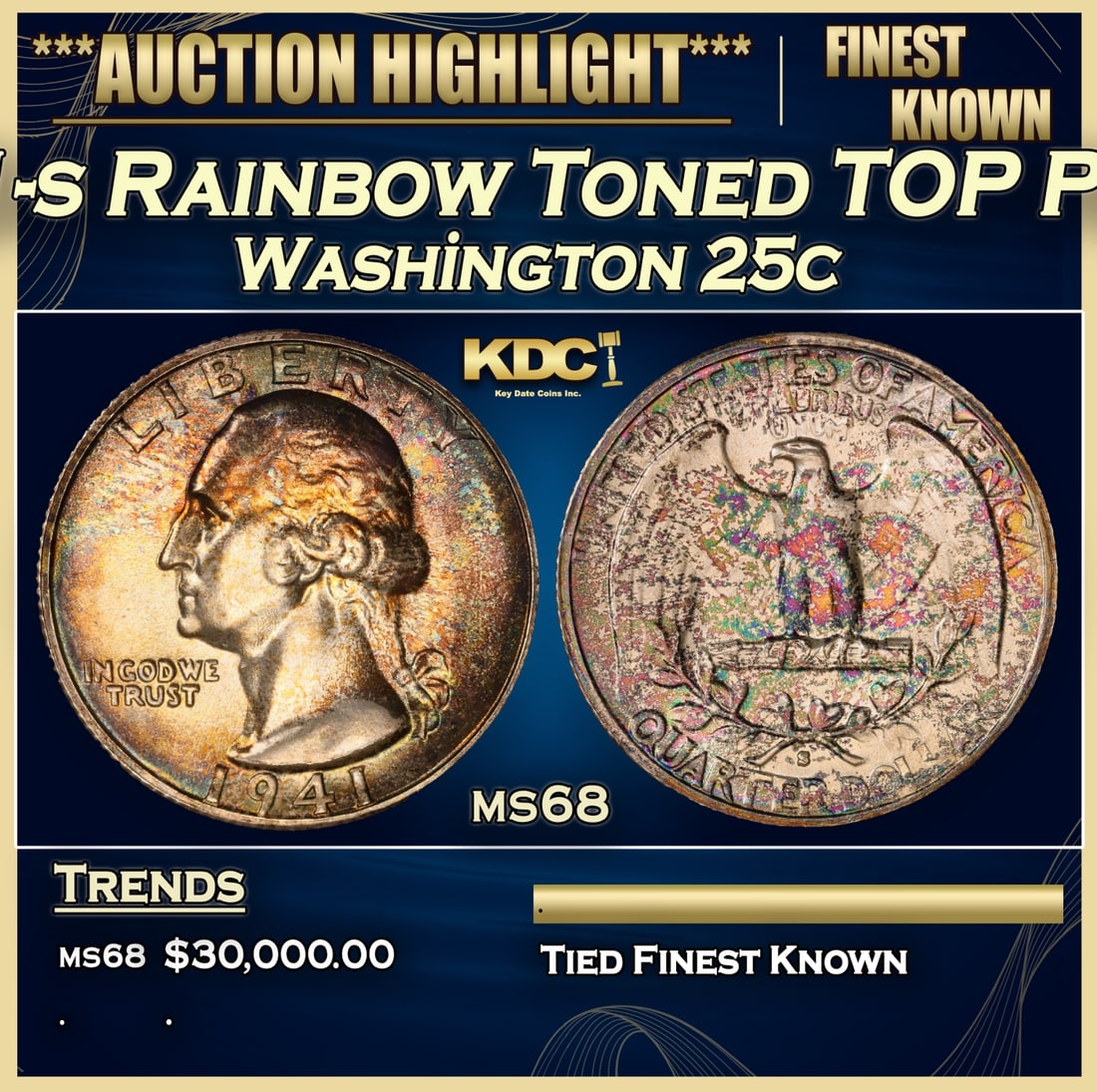 1941-s Washington Quarter Rainbow Toned TOP POP! 25c ms68 SEGS (1 of 3)