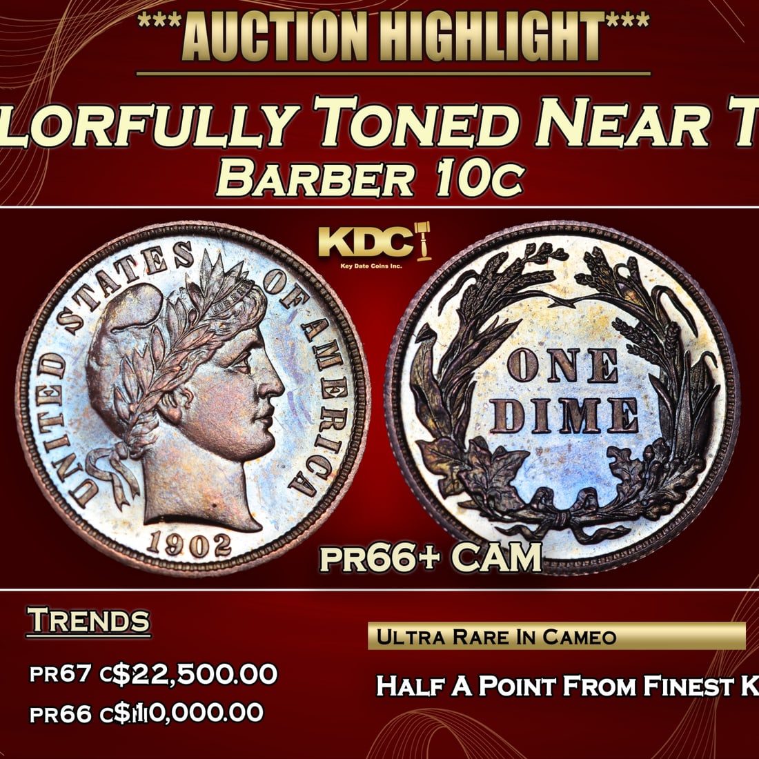 1902 Proof Barber Dime Colorfully Toned Near Top Pop! 10c pr66+ CAM SEGS (1 of 5)