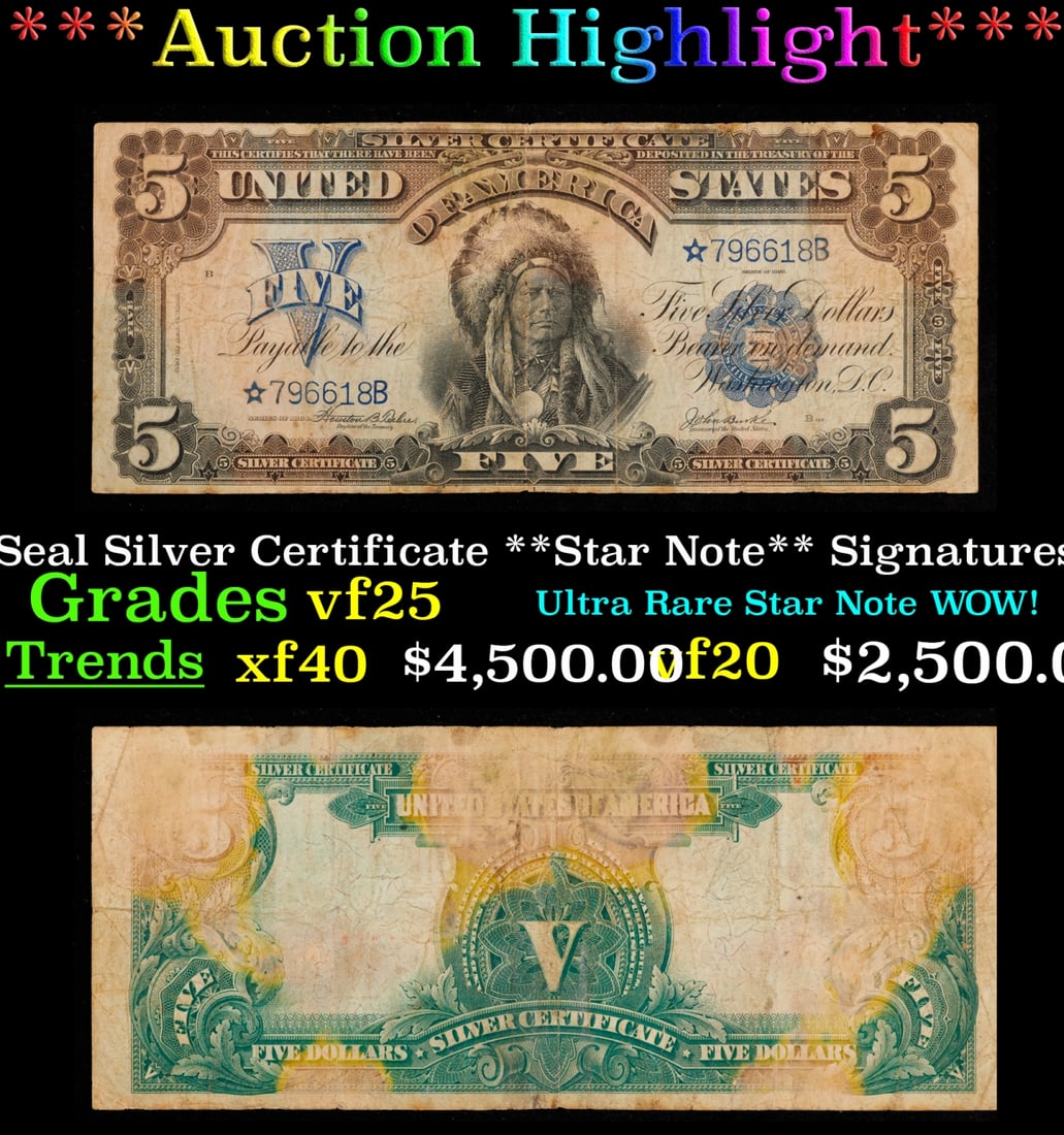 1899 $5 Blue Seal Silver Certificate **Star Note** Grades vf+ Signatures Teehee/Burke (1 of 3)