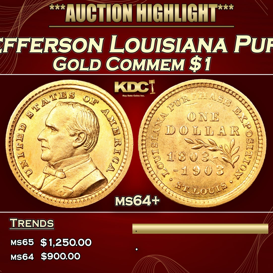 1903 Jefferson Louisiana Purchase Gold Commem Dollar 1 ms64+ SEGS: 1903 Jefferson Louisiana Purchase Gold Commem Dollar 1 ms64+ SEGS.