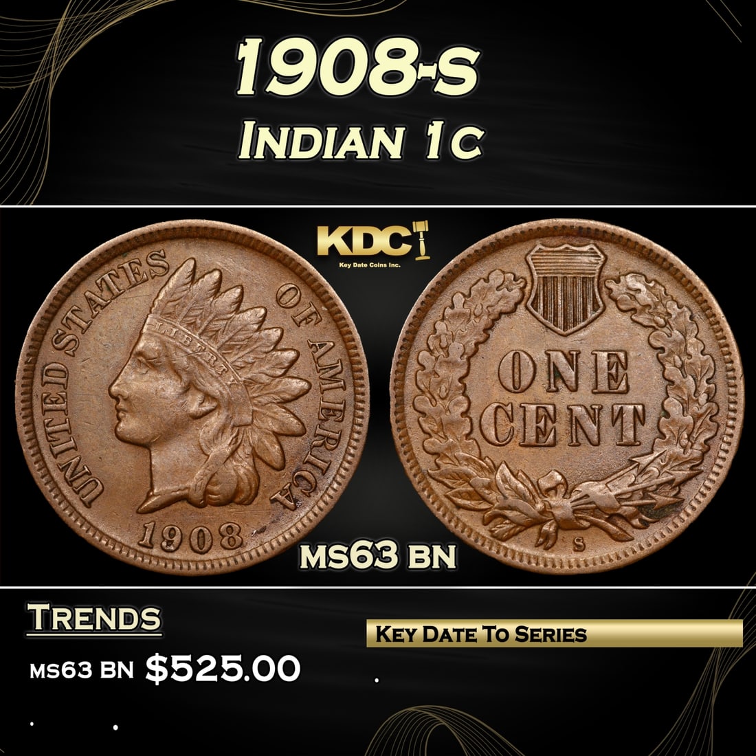 1908-s Indian Cent 1c Grades ms63 bn (1 of 3)