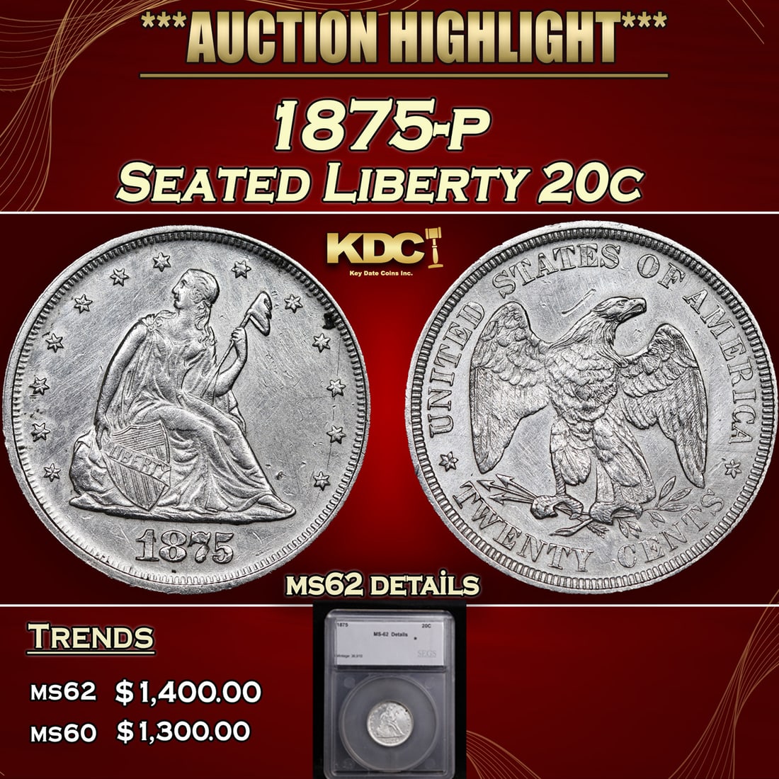 1875-p Twenty Cent Piece 20c ms62 details SEGS (1 of 5)