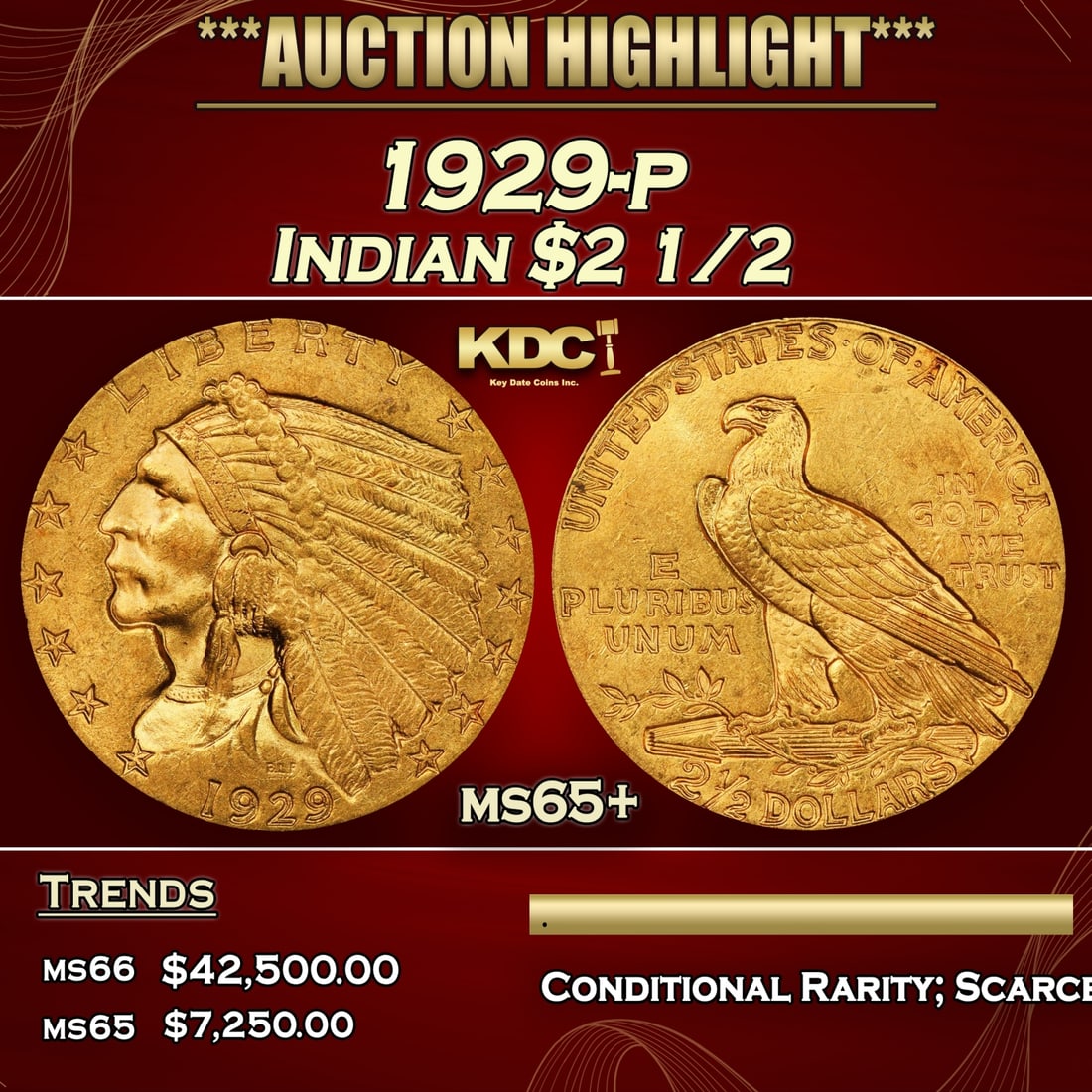 1929-p Gold Indian Quarter Eagle $2 1/2 ms65+ SEGS (1 of 3)