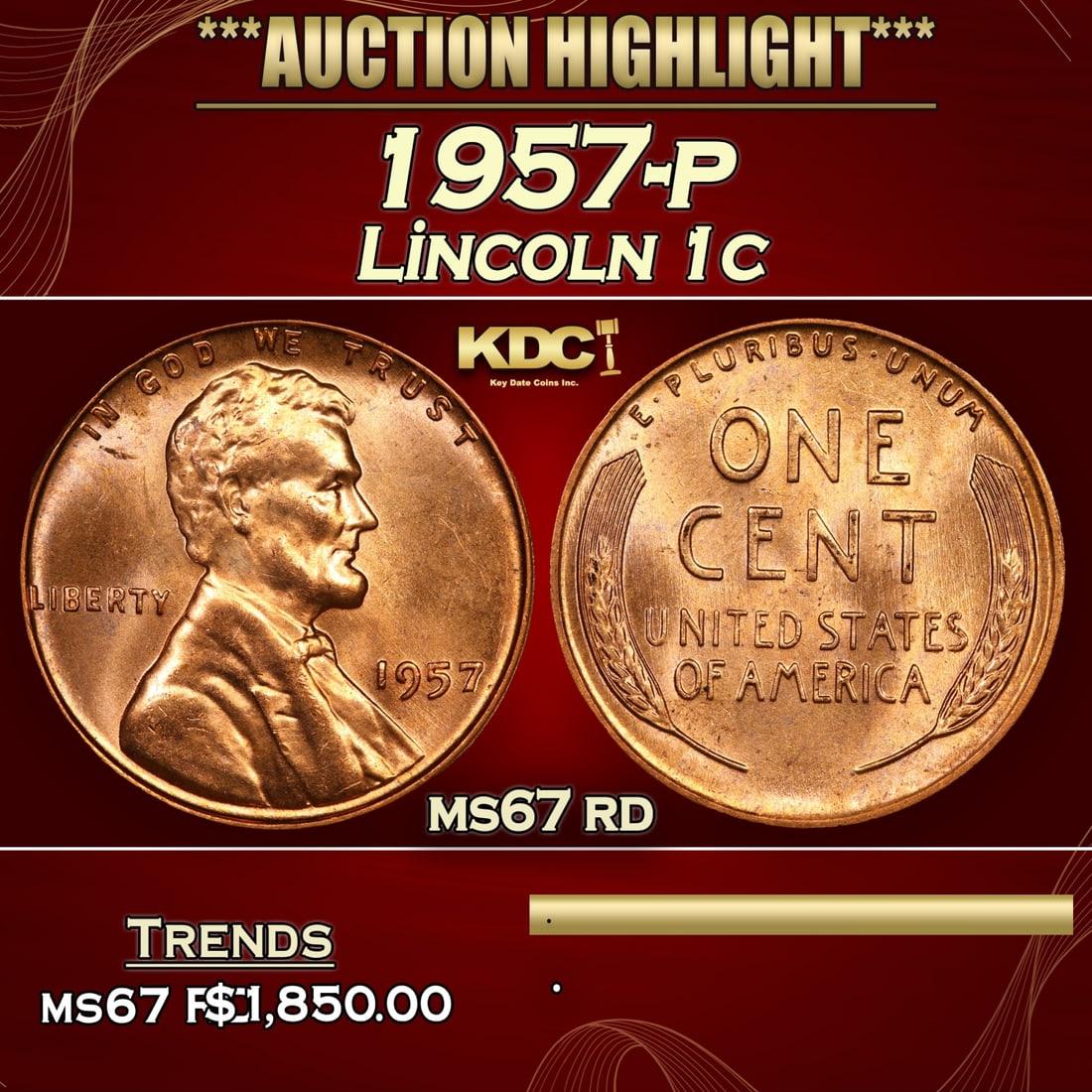 1957-p Lincoln Cent 1c ms67 rd USCG (1 of 3)