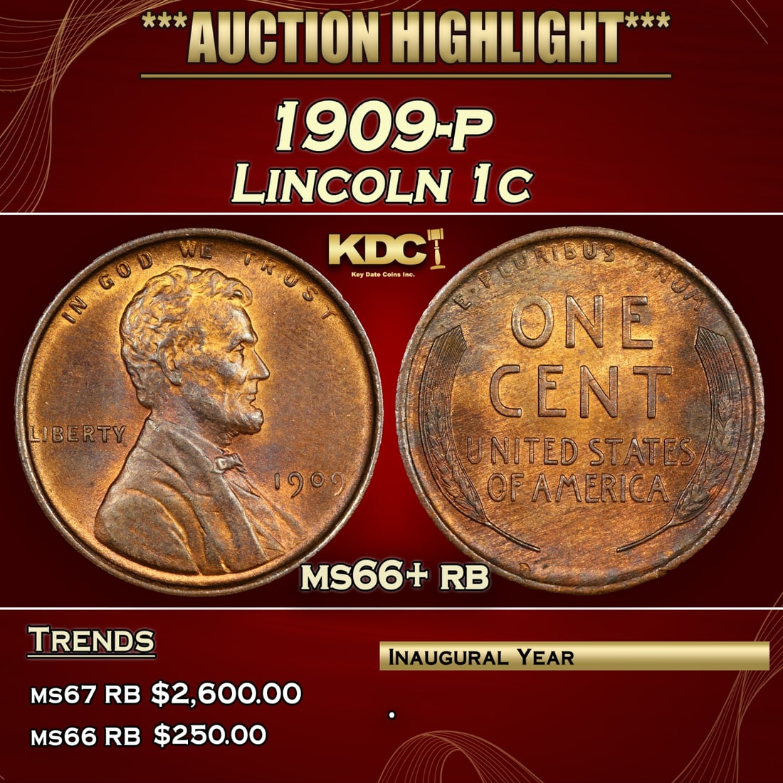 1909-p Lincoln Cent 1c ms66+ rb SEGS: 1909-p Lincoln Cent 1c ms66+ rb SEGS.