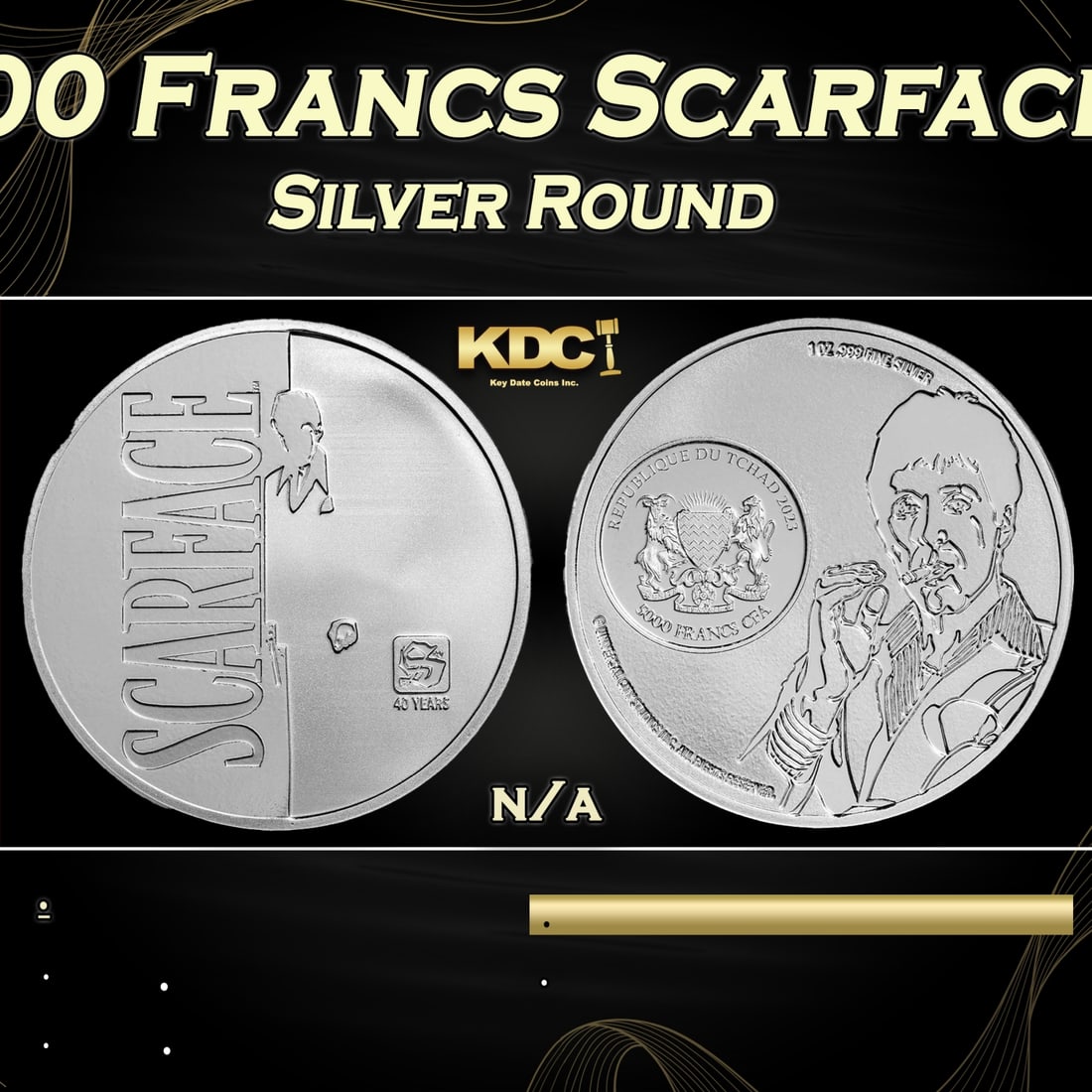 2023 Chad 1 oz Silver 5000 Francs Scarface 40th Anniversary Coin: 2023 Chad 1 oz Silver 5000 Francs Scarface 40th Anniversary Coin. This 1 oz Silver coin commemorates 40 years of the classic move, Scarface. Contains 1 oz of .999 fine silver.