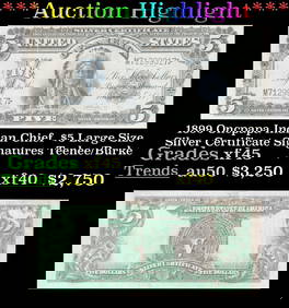 1899 $5 Large Size Silver Certificate Oncpapa Indian Chief Grades xf+ Signatures Teehee/Burke (1 of 3)