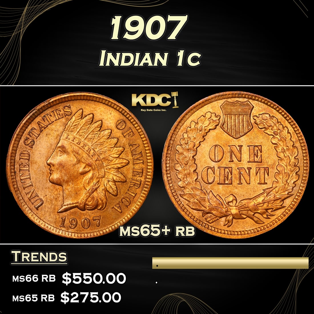 1907 Indian Cent 1c Grades ms65+ rb (1 of 3)