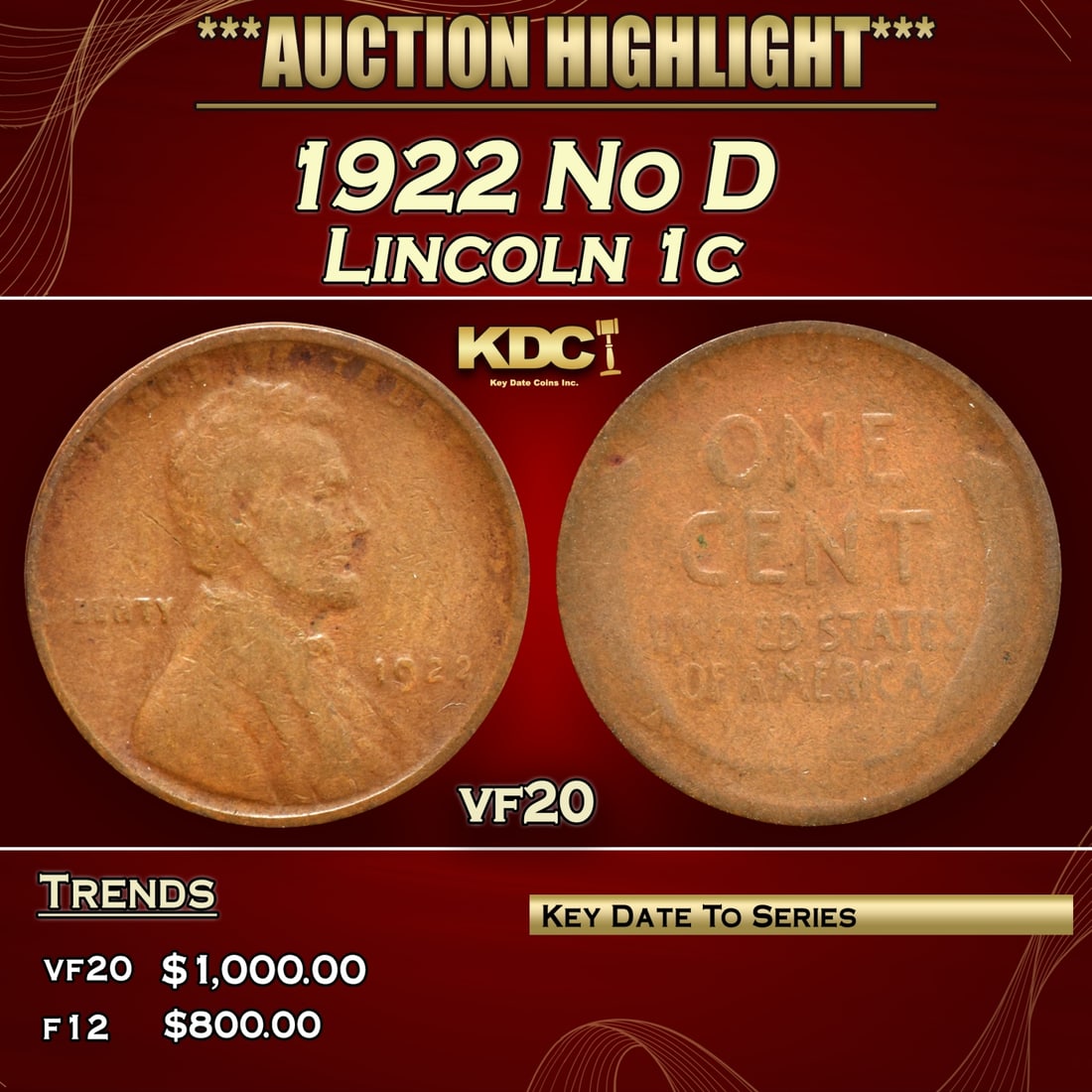 1922 No D Lincoln Cent 1c vf20 USCG (1 of 5)