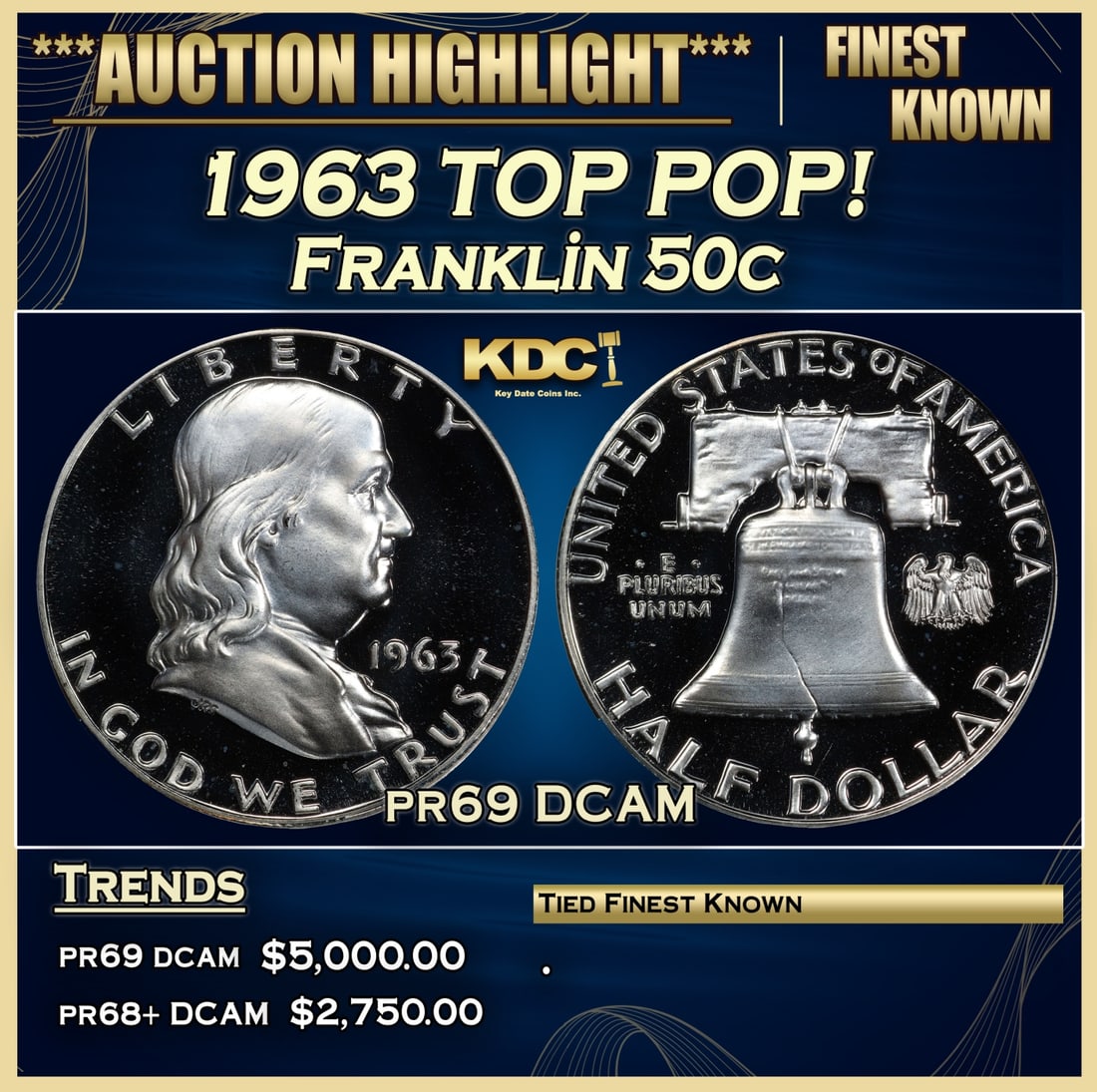 1963 Proof Franklin Half Dollar TOP POP! 50c pr69 DCAM SEGS: 1963 TOP POP! Franklin Half Dollar 50c pr69 DCAM SEGS.