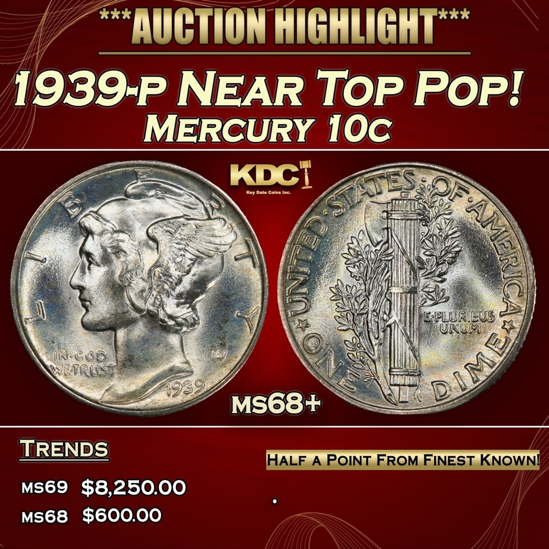 1939-p Mercury Dime Near Top Pop! 10c ms68+ SEGS (1 of 3)