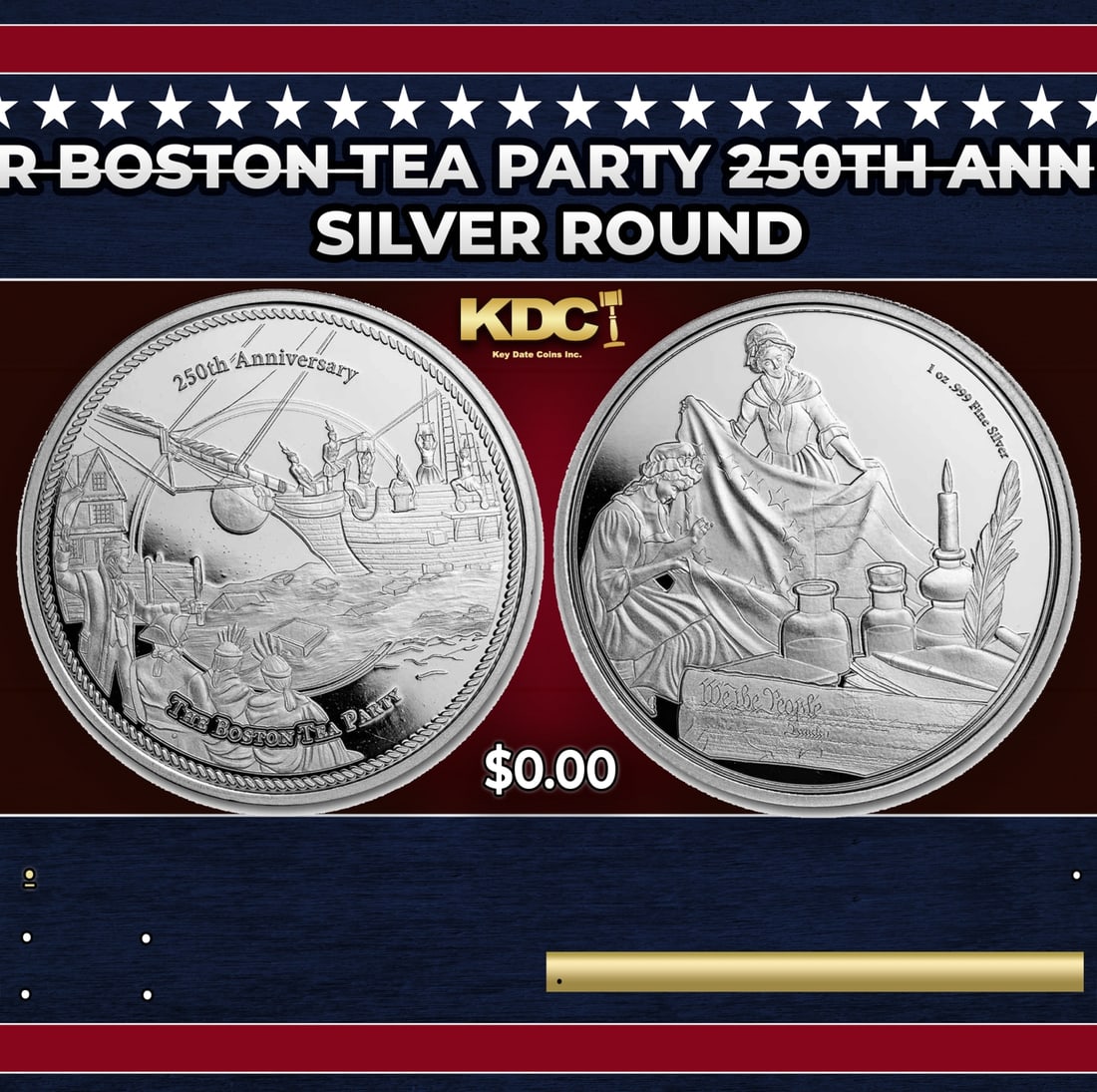 2023 1 oz Silver Boston Tea Party 250th Anniversary coin: 2023 1 oz Silver Boston Tea Party 250th Anniversary coin. Commemorating the 250th anniversary of the Boston Tea Party, each round contains .999 fine silver featuring a depiction of the historical even