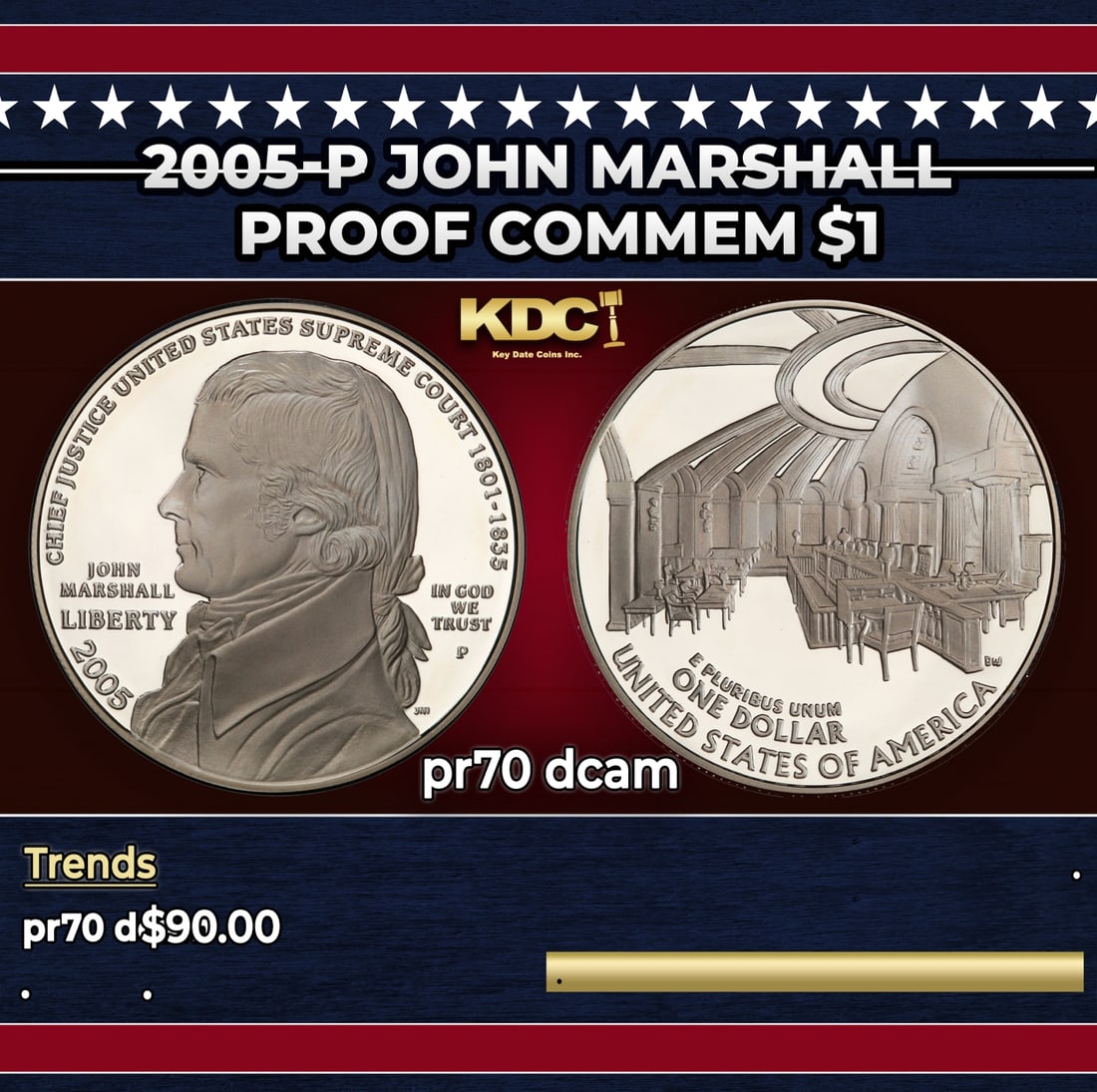 2005-P John Marshall Proof Modern Commem Dollar $1 pr70 dcam SEGS: 2005-P John Marshall Modern Commem Dollar $1 pr70 dcam SEGS.