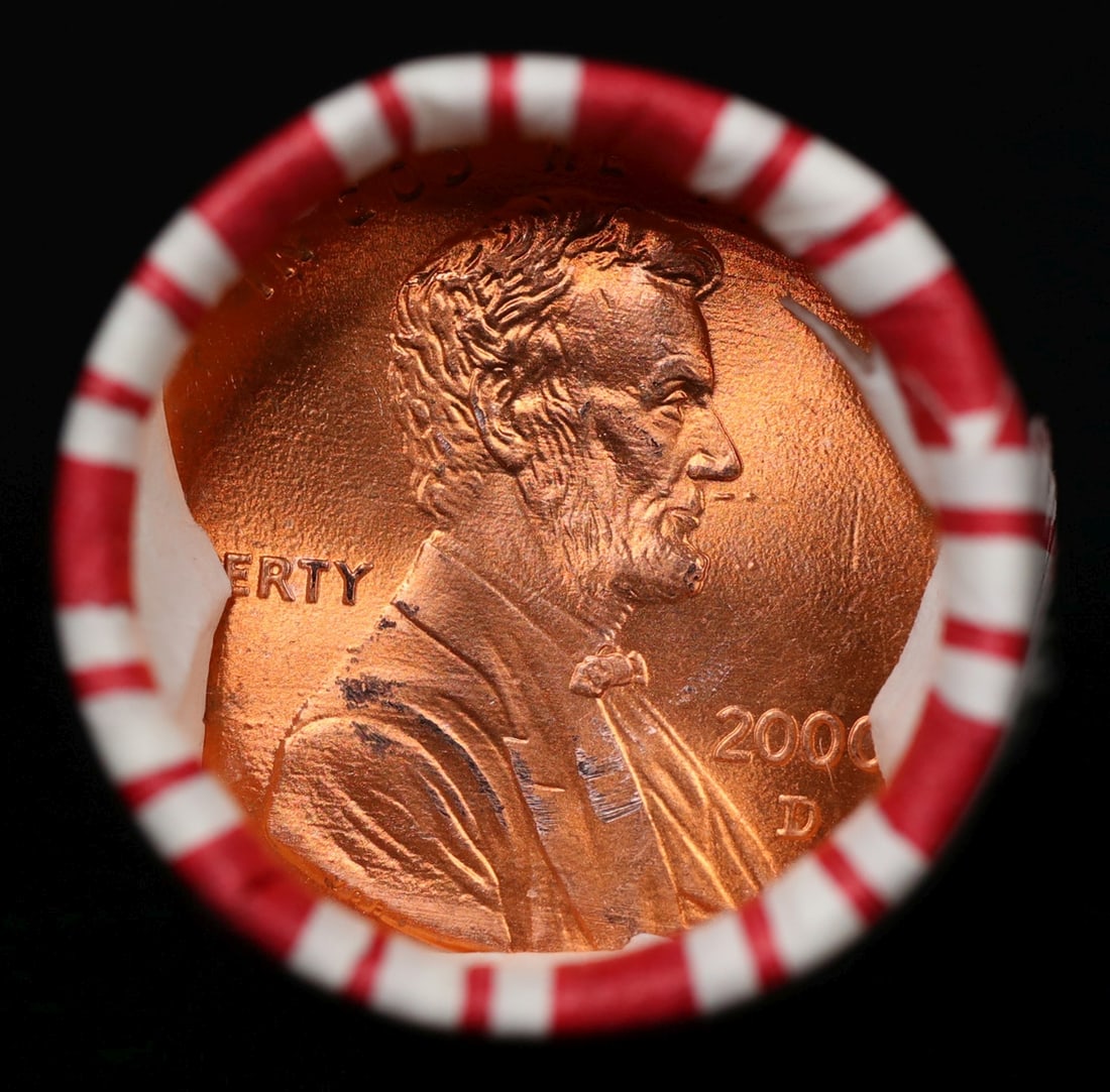 BU Shotgun Lincoln 1c roll, 2000-d 50 pcs Bank Wrapper 50c: BU Shotgun Lincoln 1c roll, 2000-d 50 pcs Bank Wrapper 50c. A terrific Shotgun roll of Lincoln cents in a Bank wrapper. Most if not all coins should be cherry red.