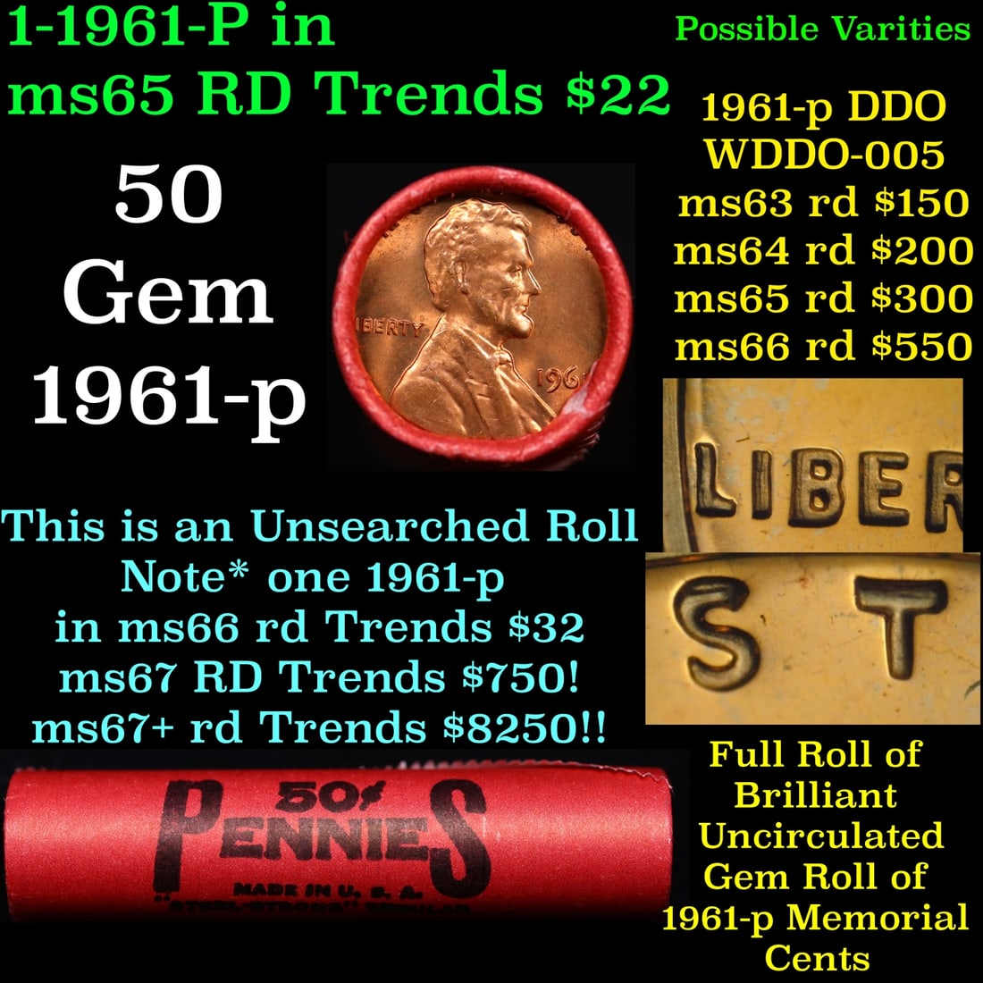 BU Shotgun Lincoln 1c roll, 1961-p 50 pcs Bank Wrapper 50c: BU Shotgun Lincoln 1c roll, 1961-p 50 pcs Bank Wrapper 50c.